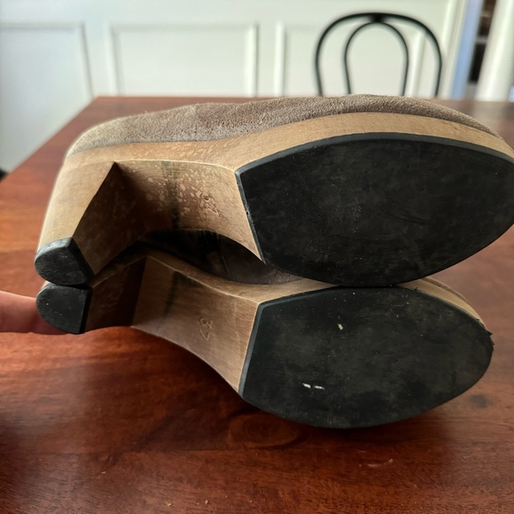 SOLD ❌ Coclico Anthropologie Tan Suede Wood Platform Ankle Bootie Zip 3.5” 6.5 - Picture 5 of 7